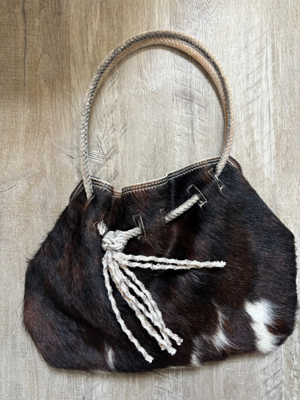 Holy Cow couture- Cowhide Rope-Handle Hobo Bag in Brown and White